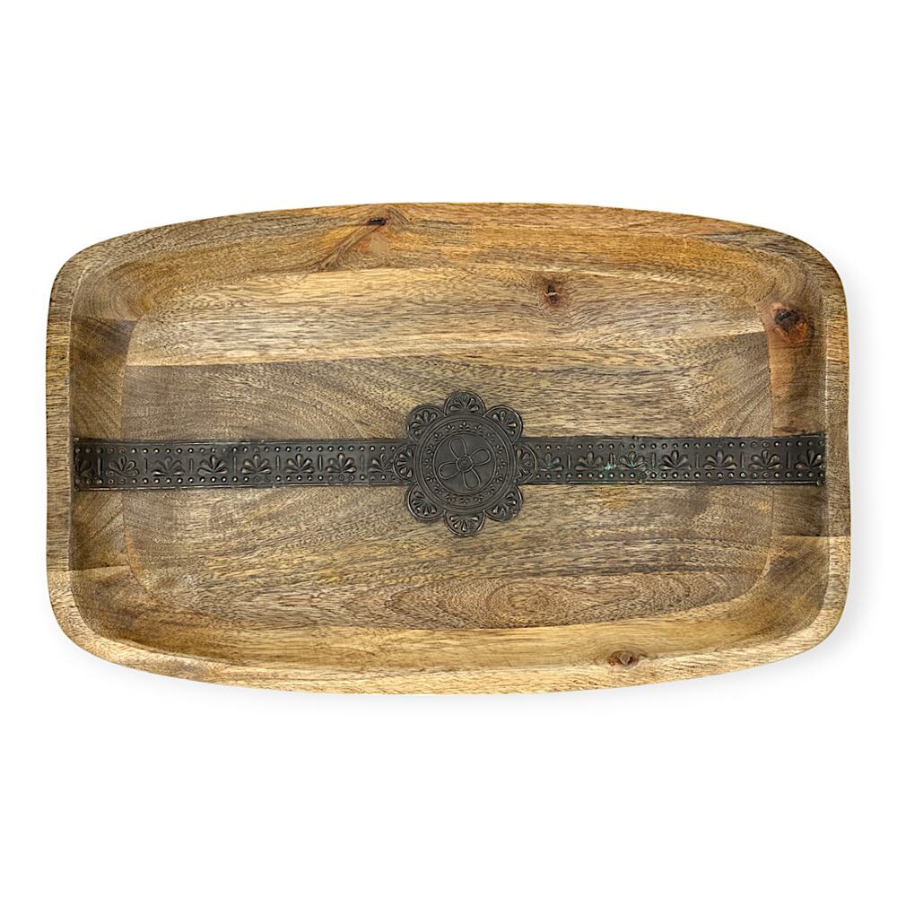 Cravings By Chrissy Teigen 18-Inch Rectangle Mango Wood Tray with Metal Inlay